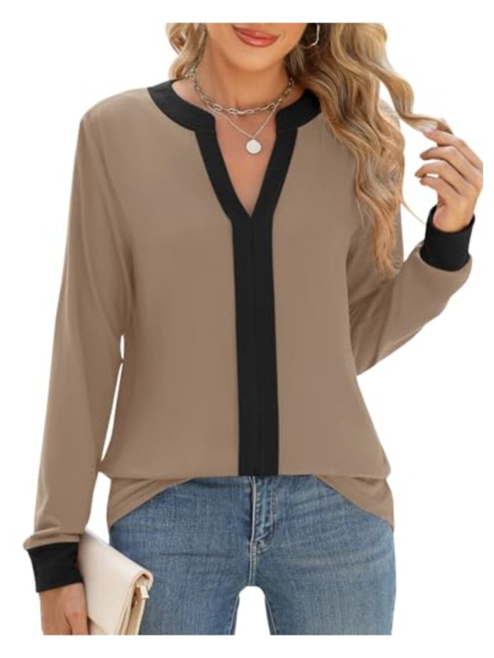 Women's V-Neck Long Sleeve Pleated Knit Business Casual Tunic T-Shirt